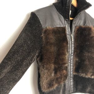 Leather, faux fur & chenille bomber jacket brown L